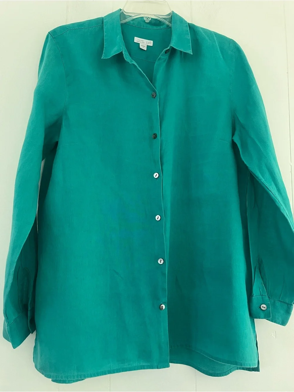 J. Jill Love Linen Essential Shirt Turquoise Blue Green 100% Linen Size Medium - Picture 7 of 14
